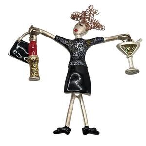 Vintage Articulated Lady Brooch Martini Purse Lipstick Dangle Figural Pin
